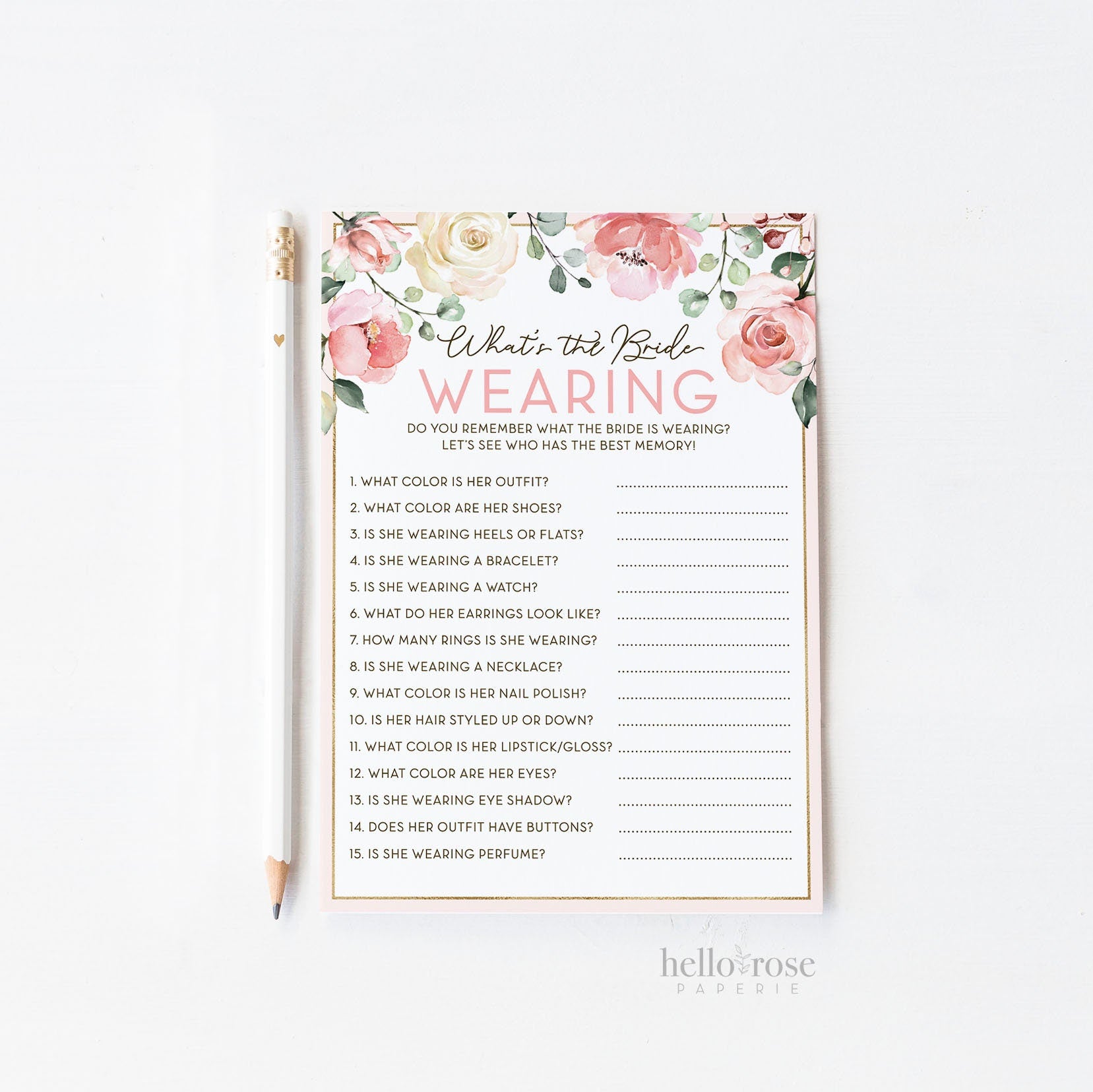 What is the Bride Wearing Floral Bridal Shower Printable Game . Bachelorette Hens Party . Pink Roses Eucalyptus Greenery . Instant Download