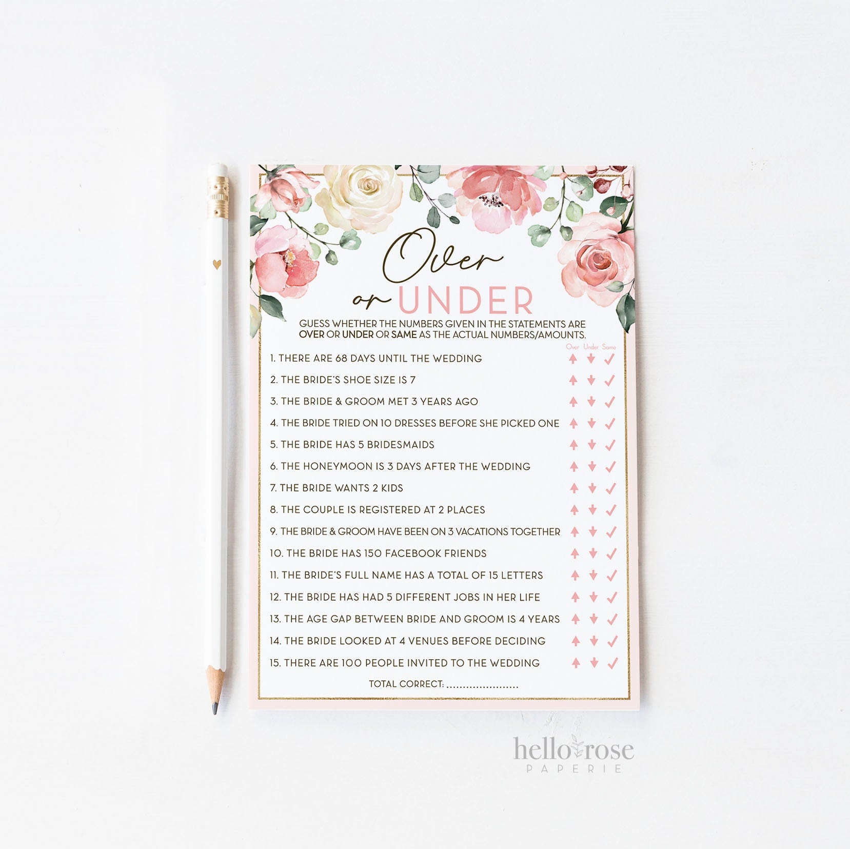 Over or Under Floral Bridal Shower Game . Printable Bachelorette Hens Party Game . Blush Pink Roses Eucalyptus Greenery . Instant Download