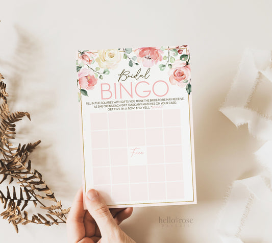 Bridal Shower BINGO Game . Printable Gift Opening Game . Blush Pink Roses Eucalyptus Greenery . Instant Digital Download