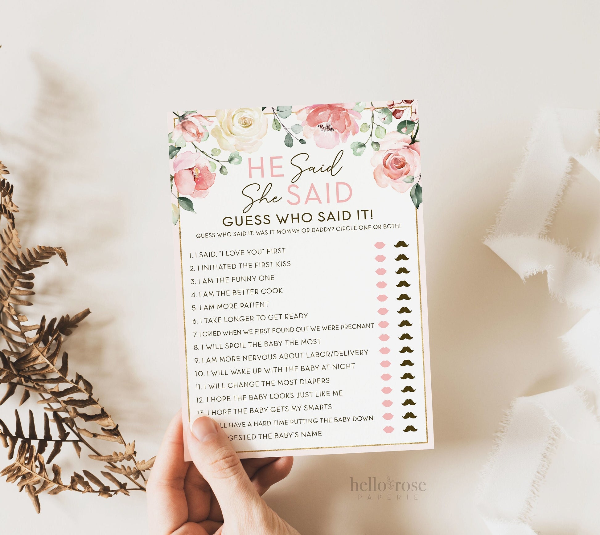 He Said She Said Baby Shower Game . Fun Printable Icebreaker . Floral Watercolor Pink Roses Greenery . Girl Baby Shower . Instant Download