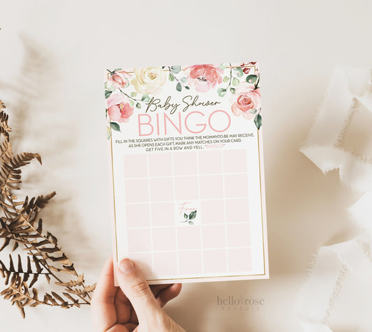 Baby Shower Bingo Gift Opening Game . Printable Floral Watercolor Pink Roses Greenery Eucalyptus . Girl Baby Shower . Instant Download