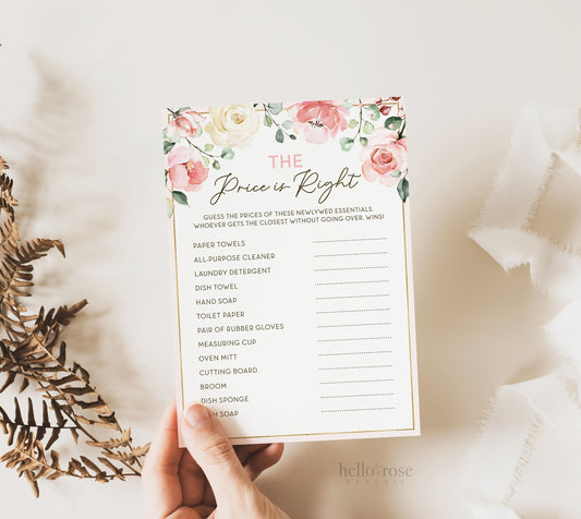 The Price is Right Bridal Shower Printable Game . Bachelorette Hens Party . Floral Blush Pink Roses Eucalyptus Greenery . Instant Download