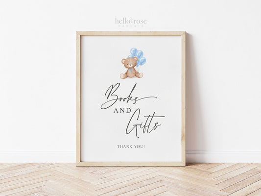Books and Gifts Printable Baby Shower Sign, Teddy Bear with Blue Balloons, Boy Baby Shower, We Can Bearly Wait, Template Download Templett