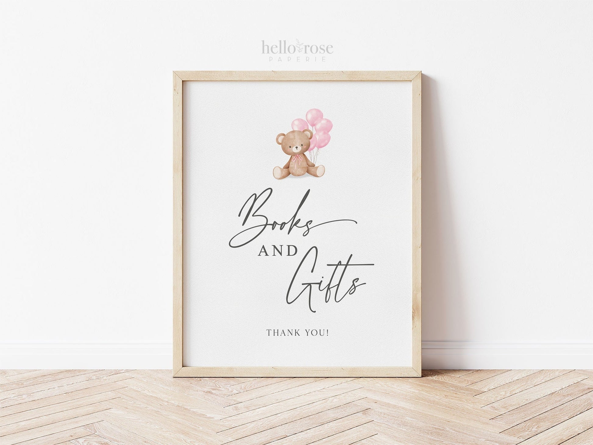 Books and Gifts Printable Baby Shower Sign, Teddy Bear with Pink Balloons, Girl Baby Shower, We Can Bearly Wait, Template Download Templett