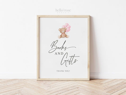 Books and Gifts Printable Baby Shower Sign, Teddy Bear with Pink Balloons, Girl Baby Shower, We Can Bearly Wait, Template Download Templett
