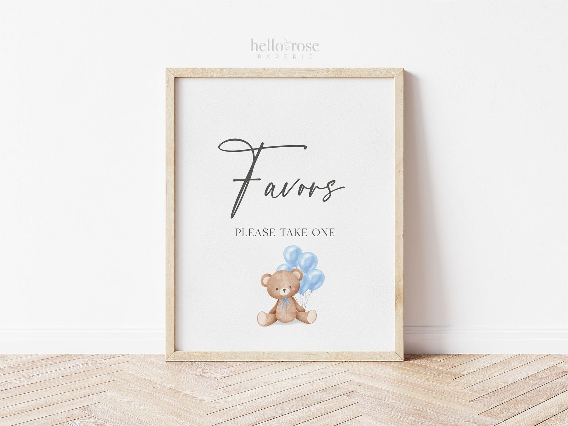 Favors Printable Baby Shower Sign, Teddy Bear with Blue Balloons, Boy Baby Shower, We Can Bearly Wait, Template Download Templett
