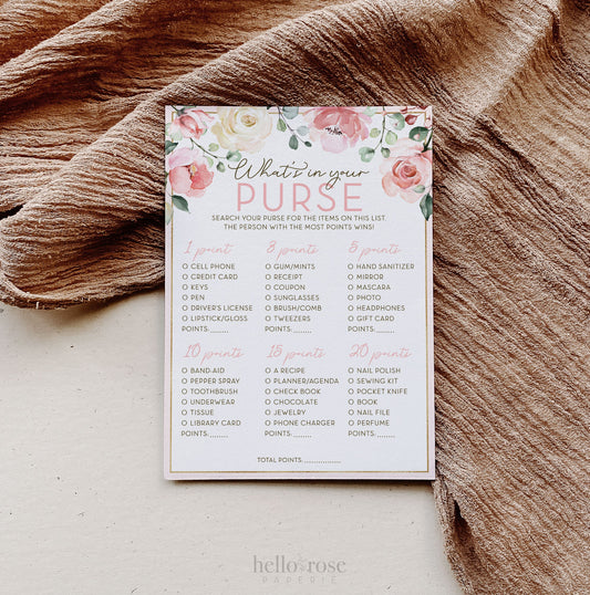 Whats in Your Purse Floral Bridal Shower Printable Game . Bachelorette Hens Party . Rustic Pink Roses Eucalyptus Greenery . Instant Download