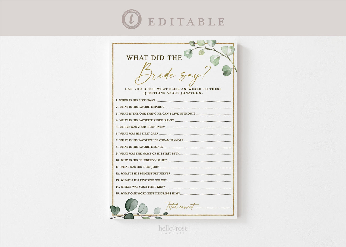 What Did the Bride Say About the Groom Personalized Bridal Shower Game . Greenery PRINTABLE Editable Template Instant Download Templett G2-T