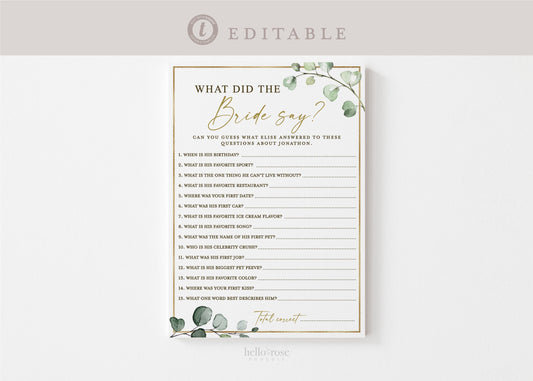 What Did the Bride Say About the Groom Personalized Bridal Shower Game . Greenery PRINTABLE Editable Template Instant Download Templett G2-T