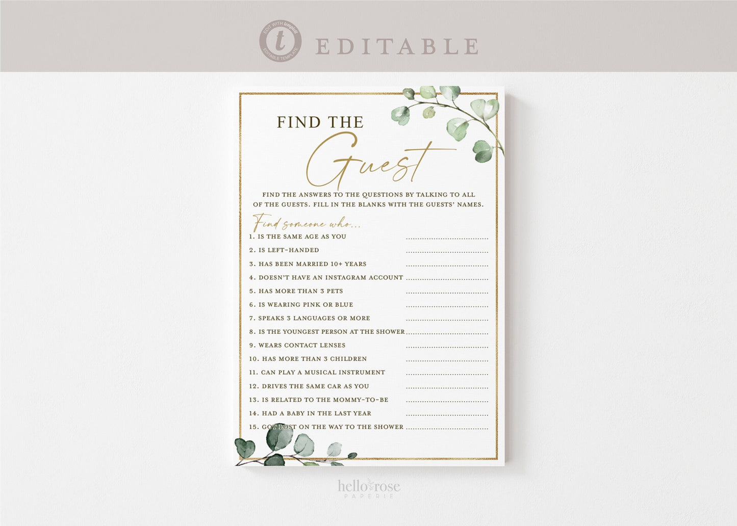 Baby Shower Find the Guest Who Printable Game . Greenery and Gold . PRINTABLE Editable Template . Instant Download Templett G2-T