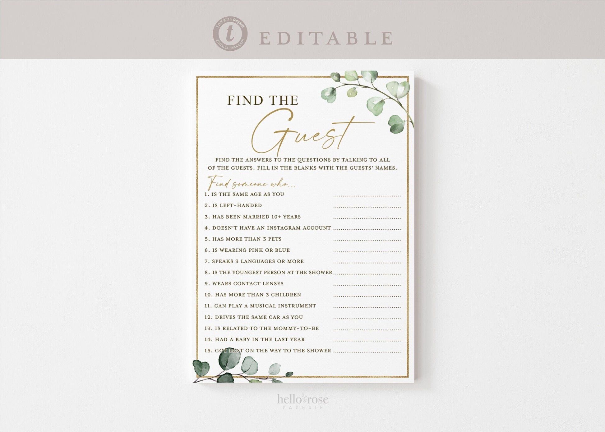 Baby Shower Find the Guest Who Printable Game . Greenery and Gold . PRINTABLE Editable Template . Instant Download Templett G2-T