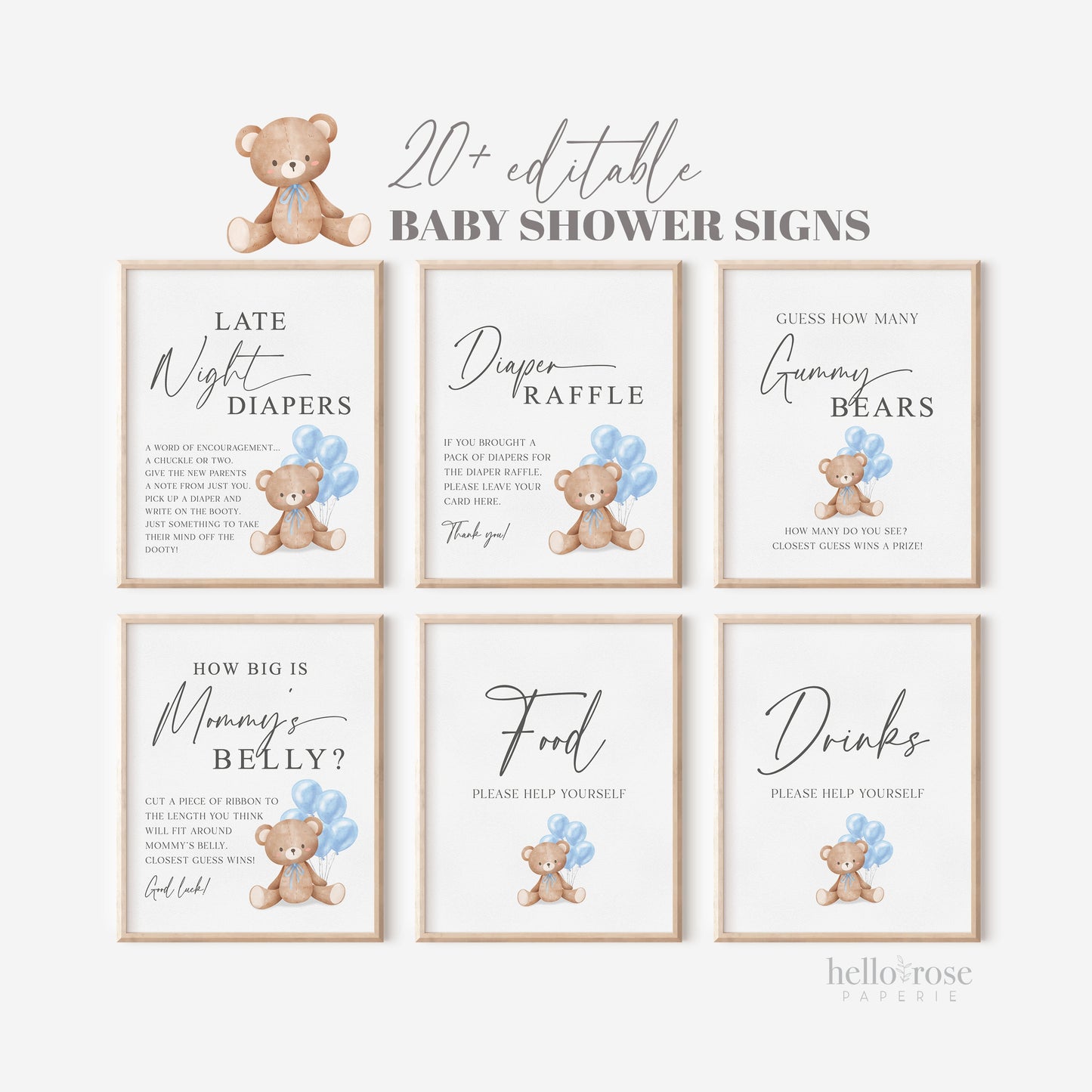 Bear Bundle of 20+ Baby Shower Signs . Teddy with Blue Balloons, Boy Baby Shower, We Can Bearly Wait, Editable Template Download Templett