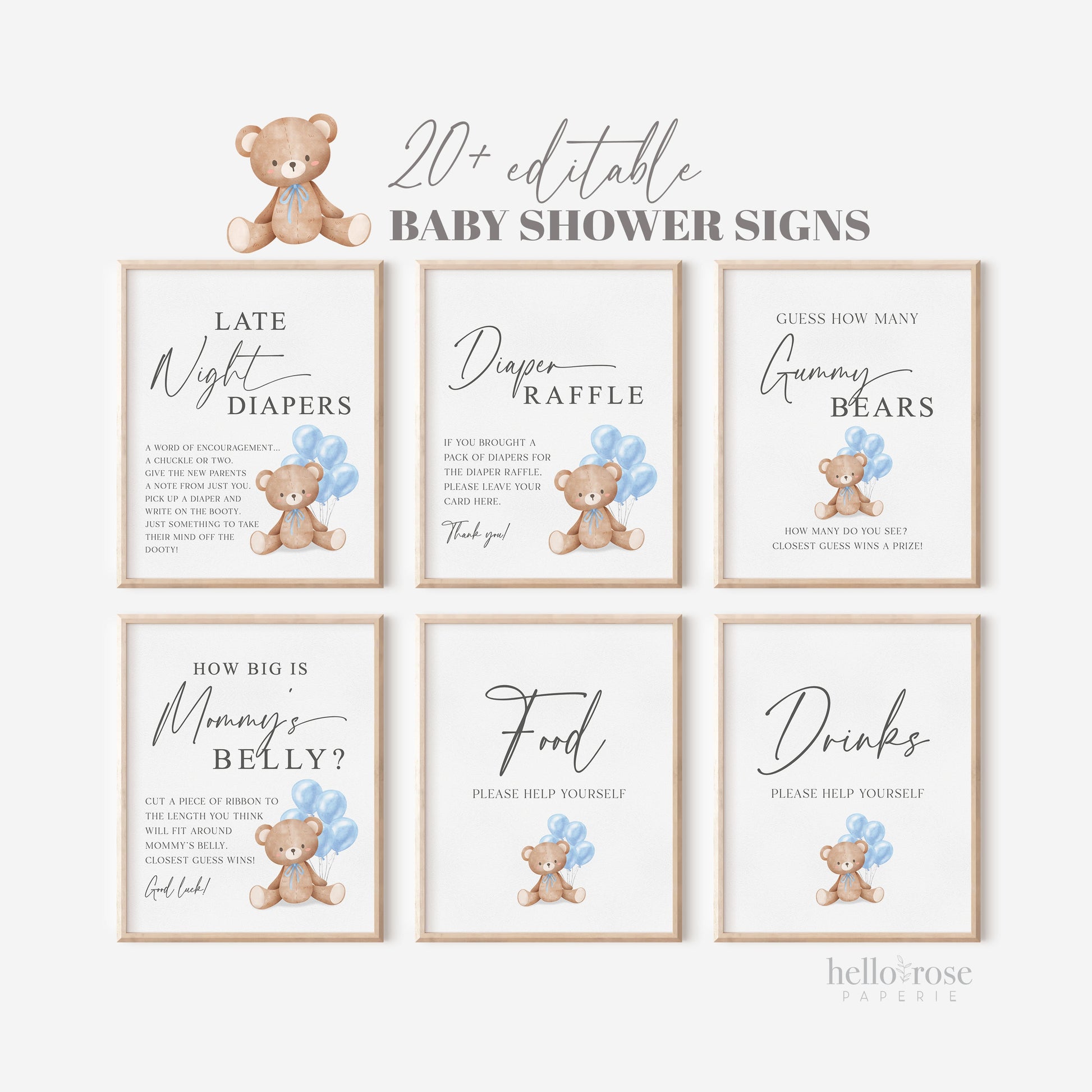 Bear Bundle of 20+ Baby Shower Signs . Teddy with Blue Balloons, Boy Baby Shower, We Can Bearly Wait, Editable Template Download Templett