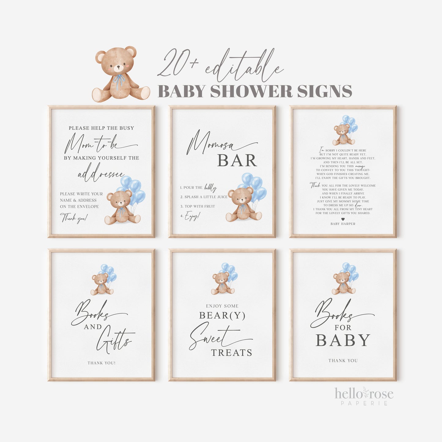Bear Bundle of 20+ Baby Shower Signs . Teddy with Blue Balloons, Boy Baby Shower, We Can Bearly Wait, Editable Template Download Templett