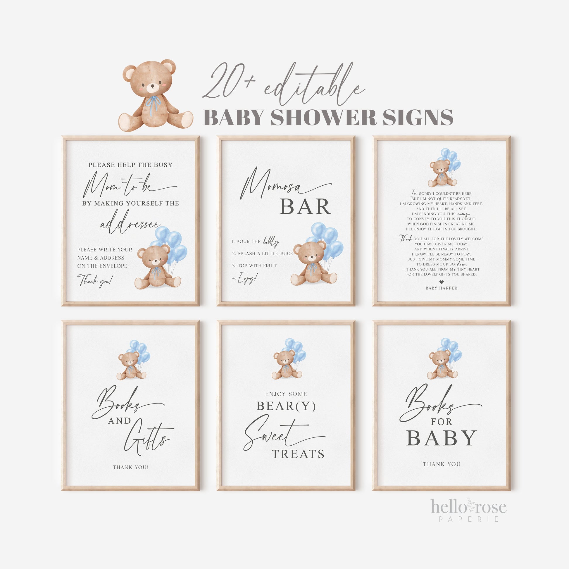 Bear Bundle of 20+ Baby Shower Signs . Teddy with Blue Balloons, Boy Baby Shower, We Can Bearly Wait, Editable Template Download Templett