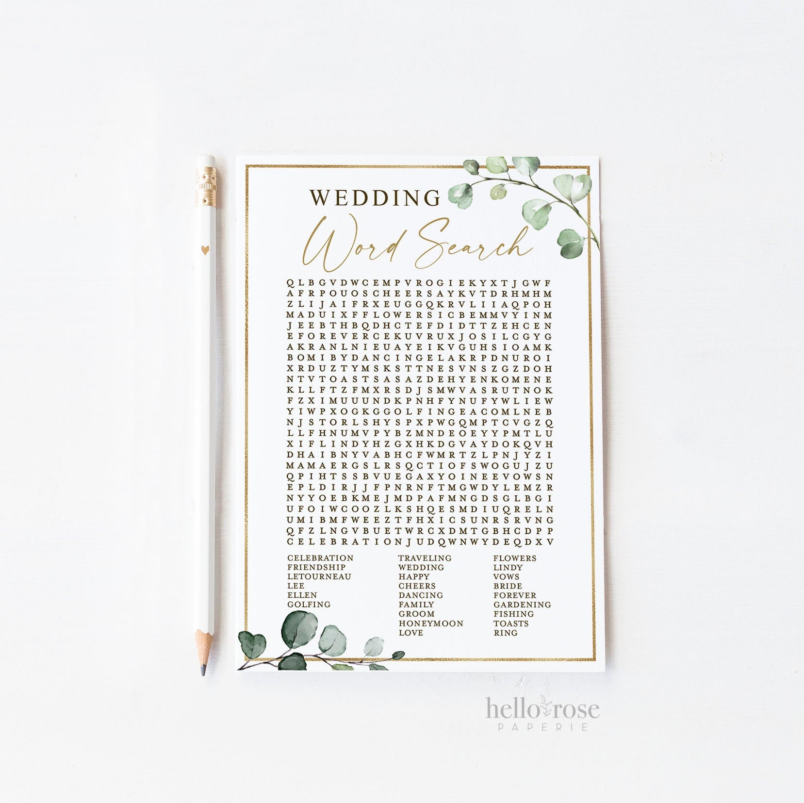 Personalized Wedding Word Search Printable Bridal Shower Custom Printable Game . Greenery Gold . Bachelorette Party . Instant Download G2