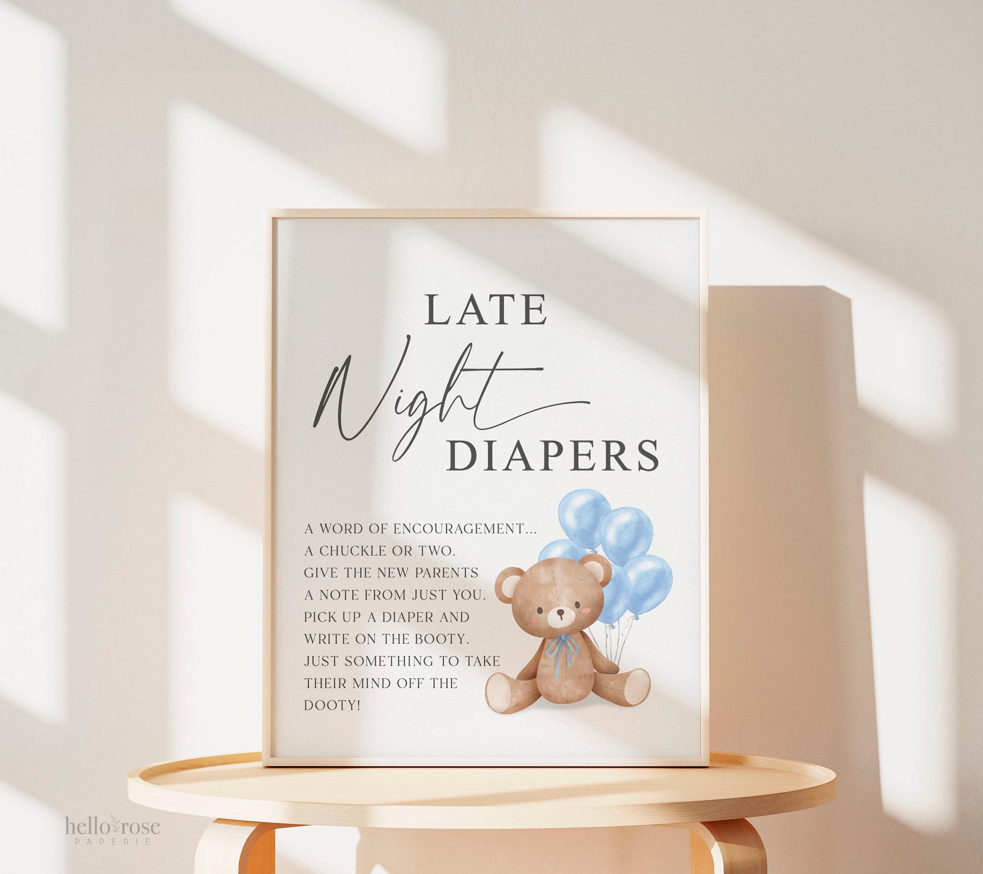 Late Night Diapers Baby Shower Game Sign, Teddy Bear with Blue Balloons, Boy Baby Shower, We Can Bearly Wait, Template Download TEMPLETT