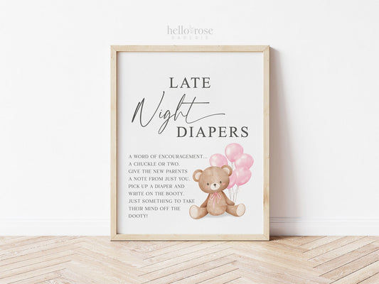 Late Night Diapers Baby Shower Game Sign, Teddy Bear with Pink Balloons, Girl Baby Shower, We Can Bearly Wait, Template Download TEMPLETT