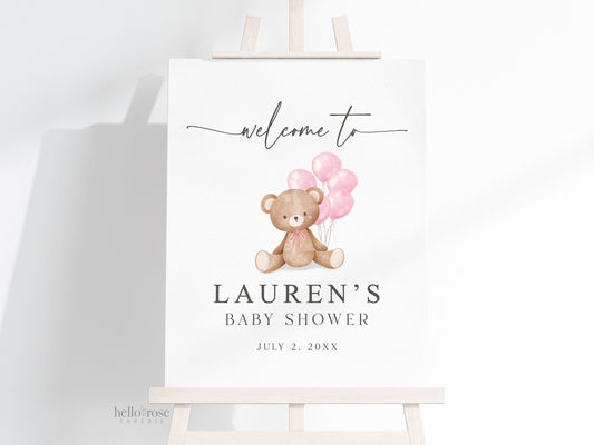Editable Welcome Sign Teddy Bear with Pink Balloons, Girl Baby Shower, Couples Shower, Baby Sprinkle, We Can Bearly Wait, Template Download