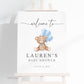 Editable Welcome Sign Teddy Bear with Blue Bow and Balloons, Boy Baby Shower Sprinkle, We Can Bearly Wait, Template Download TEMPLETT