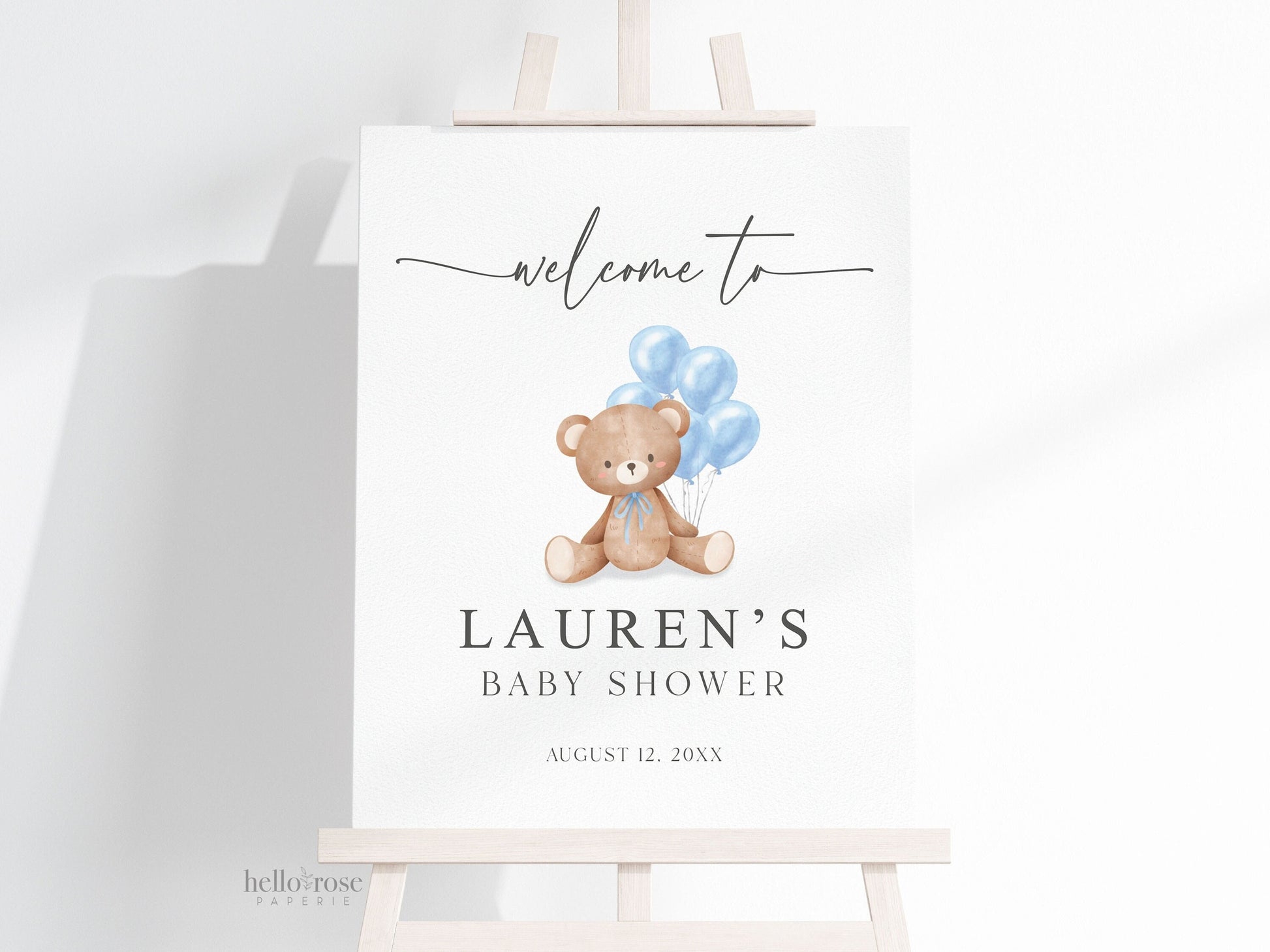 Editable Welcome Sign Teddy Bear with Blue Bow and Balloons, Boy Baby Shower Sprinkle, We Can Bearly Wait, Template Download TEMPLETT