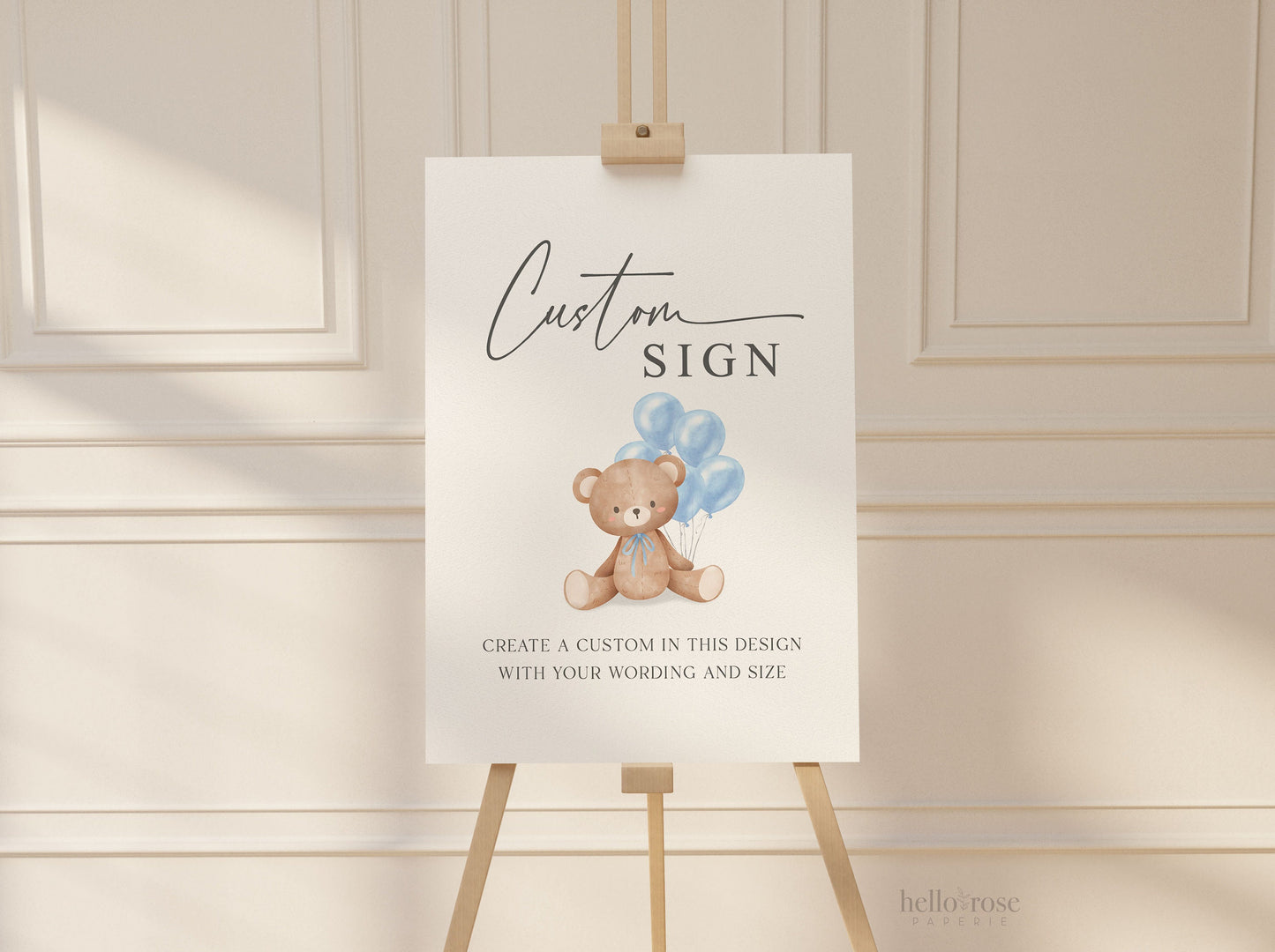 Custom Editable Sign Teddy Bear with Blue Balloons, Boy Baby Shower, Couples Shower, BabySprinkle, We Can Bearly Wait, Template Download