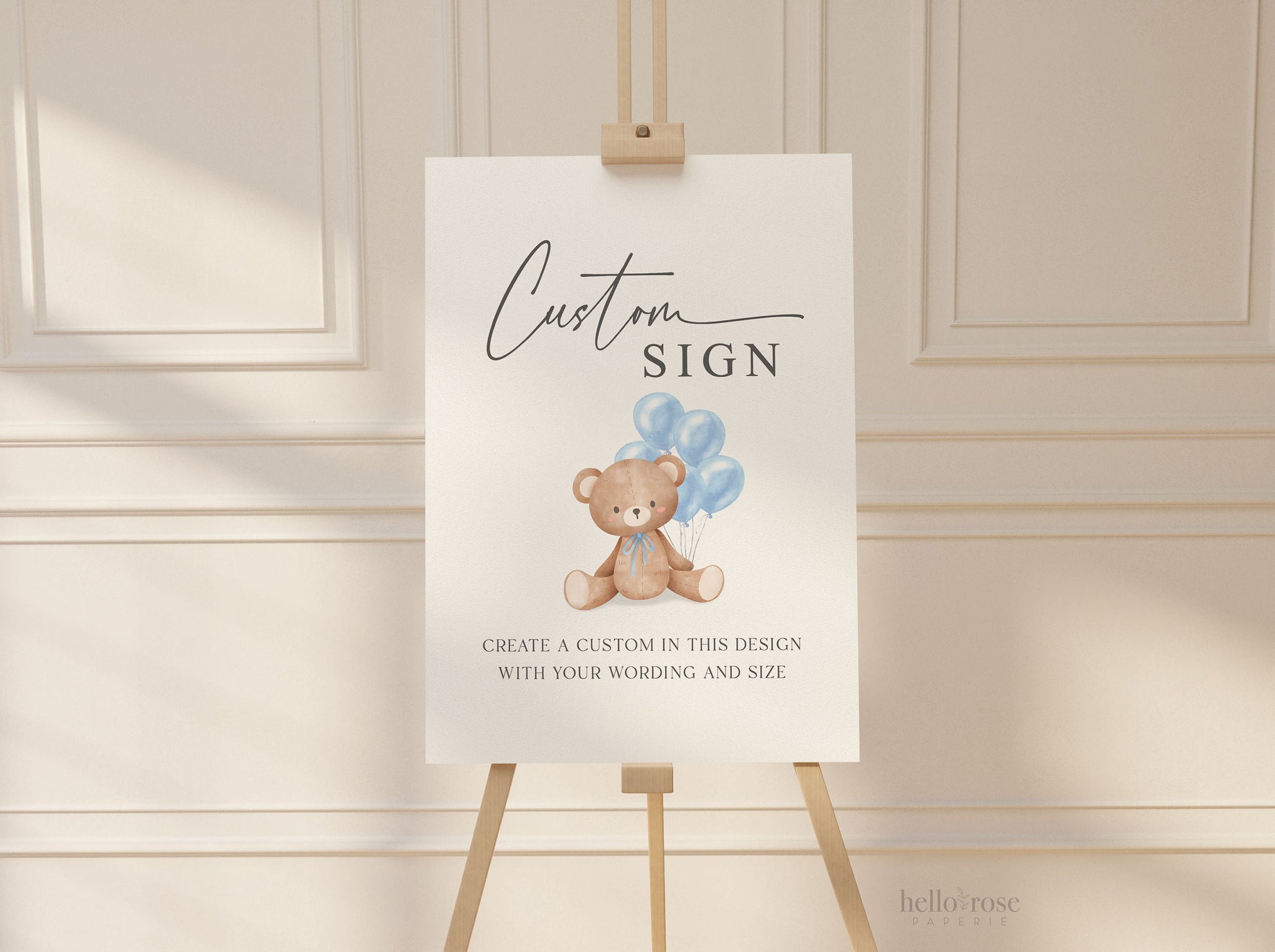 Custom Editable Sign Teddy Bear with Blue Balloons, Boy Baby Shower, Couples Shower, BabySprinkle, We Can Bearly Wait, Template Download