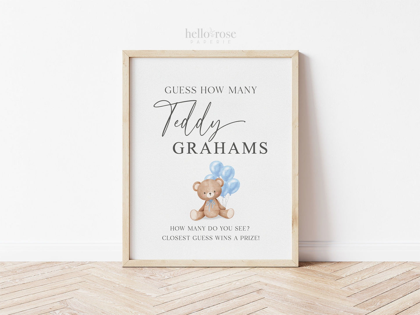 Guess How Many Teddy Grahams Baby Shower Game, Teddy Bear Boy with Blue Balloons, Baby Sprinkle, We Can Bearly Wait, Template Download