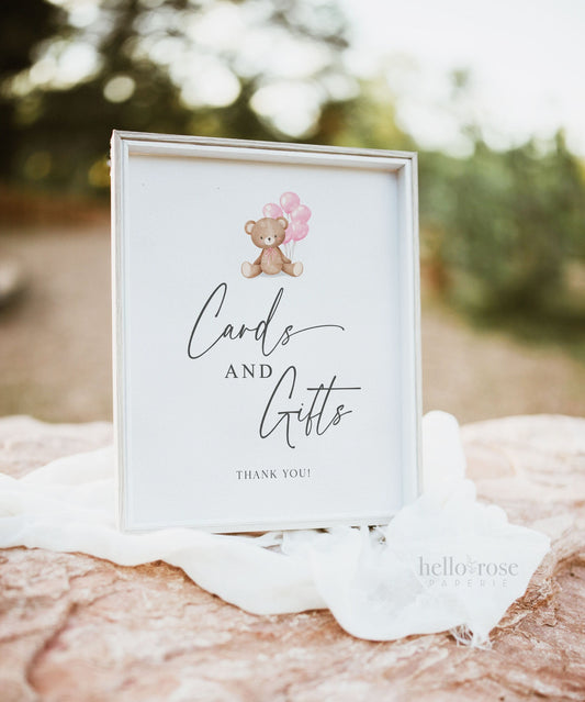 Cards and Gifts Baby Shower Sign, Teddy Bear with Pink Balloons, Girl Baby Shower, Baby Sprinkle, We Can Bearly Wait, Template Download