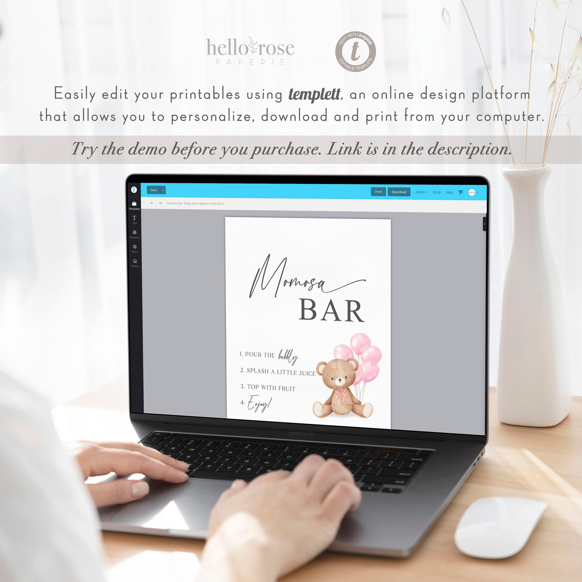 Momosa Bar Sign, Printable Baby Shower Mimosa Bar, Bear with Pink Balloons, Girl Baby Shower, Baby Sprinkle, Template Download Templett