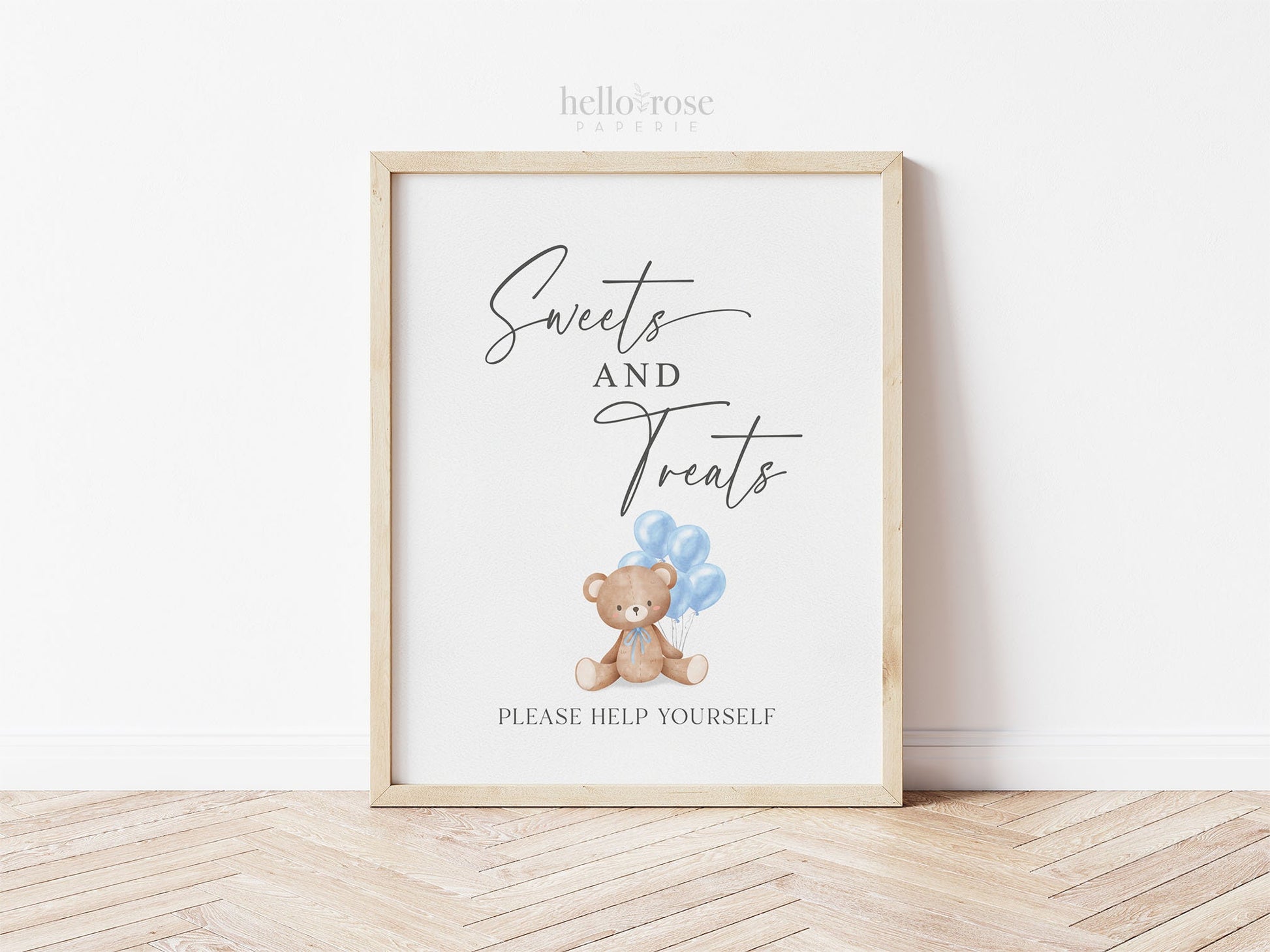 Sweets and Treats Baby Shower Favors Printable Sign, Bear with Blue Balloons, Boy Baby Shower, Baby Sprinkle, Template Download Templett