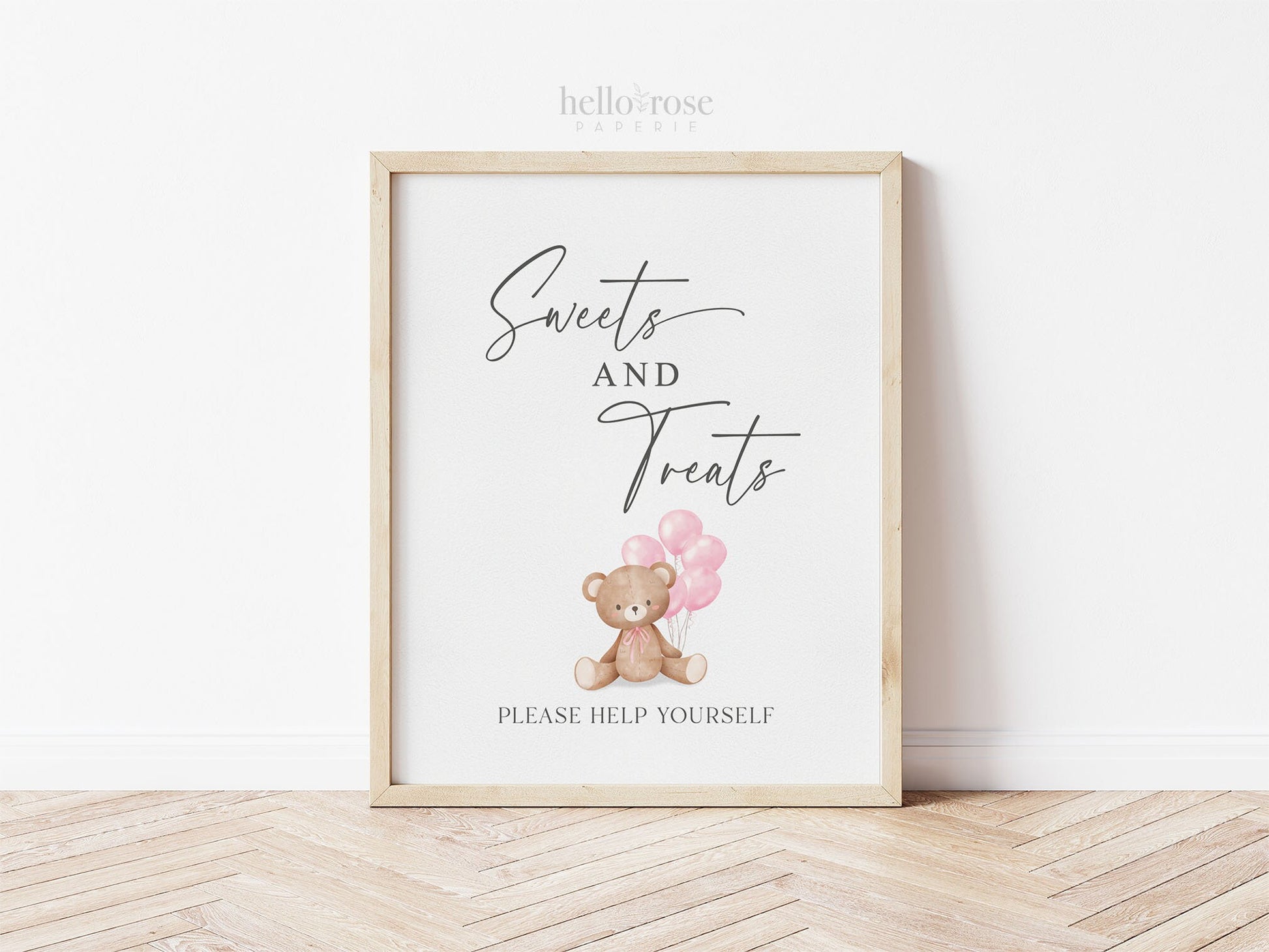 Sweets and Treats Baby Shower Favors Printable Sign, Bear with Pink Balloons, Girl Baby Shower, Baby Sprinkle, Template Download Templett