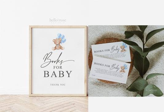 Books for Baby Printable Sign and Cards, Teddy Bear with Blue Balloons, Boy Baby Shower, Couples Shower, Can Bearly Wait, Template Download