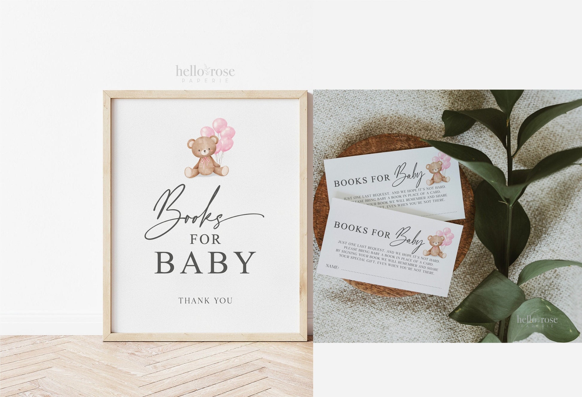 Books for Baby Printable Sign and Cards, Teddy Bear with Pink Balloons, Girl Baby Shower, Couples Shower, Can Bearly Wait, Template Download