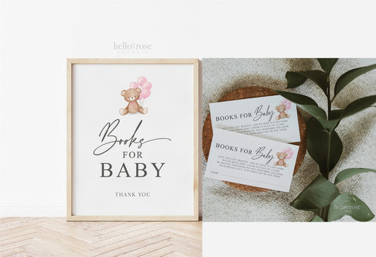 Books for Baby Printable Sign and Cards, Teddy Bear with Pink Balloons, Girl Baby Shower, Couples Shower, Can Bearly Wait, Template Download