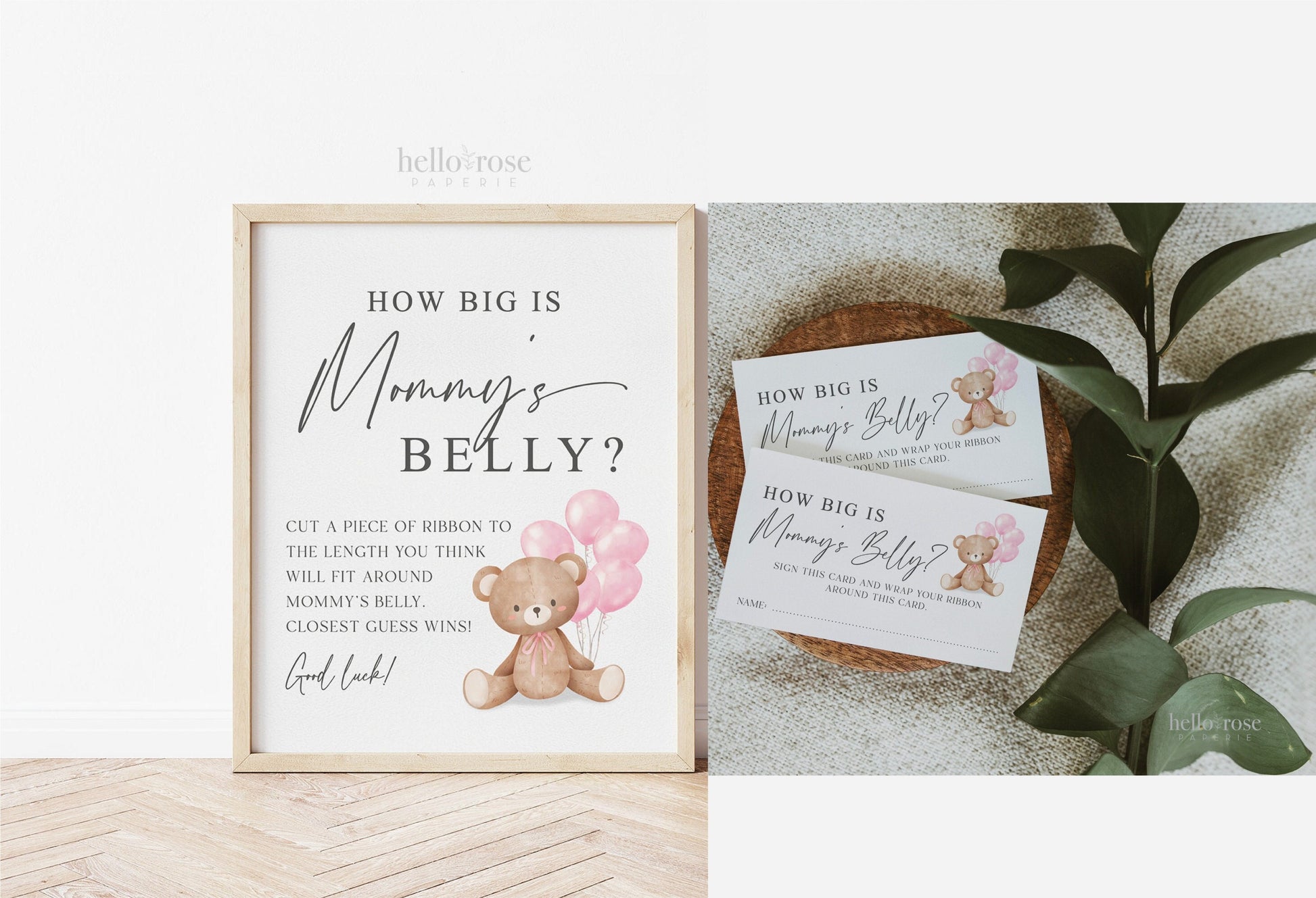 How Big is Mommys Belly Printable Sign + Cards, Teddy Bear with Pink Balloons, Girl Baby Shower, Can Bearly Wait, Template Download Templatt
