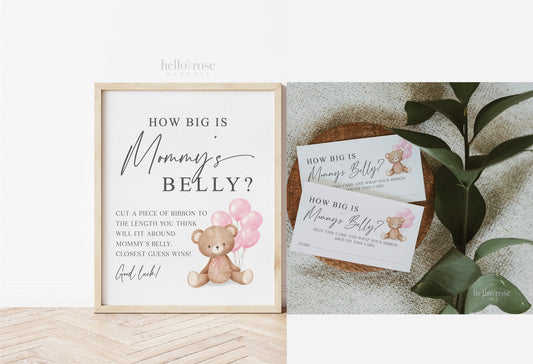How Big is Mommys Belly Printable Sign + Cards, Teddy Bear with Pink Balloons, Girl Baby Shower, Can Bearly Wait, Template Download Templatt