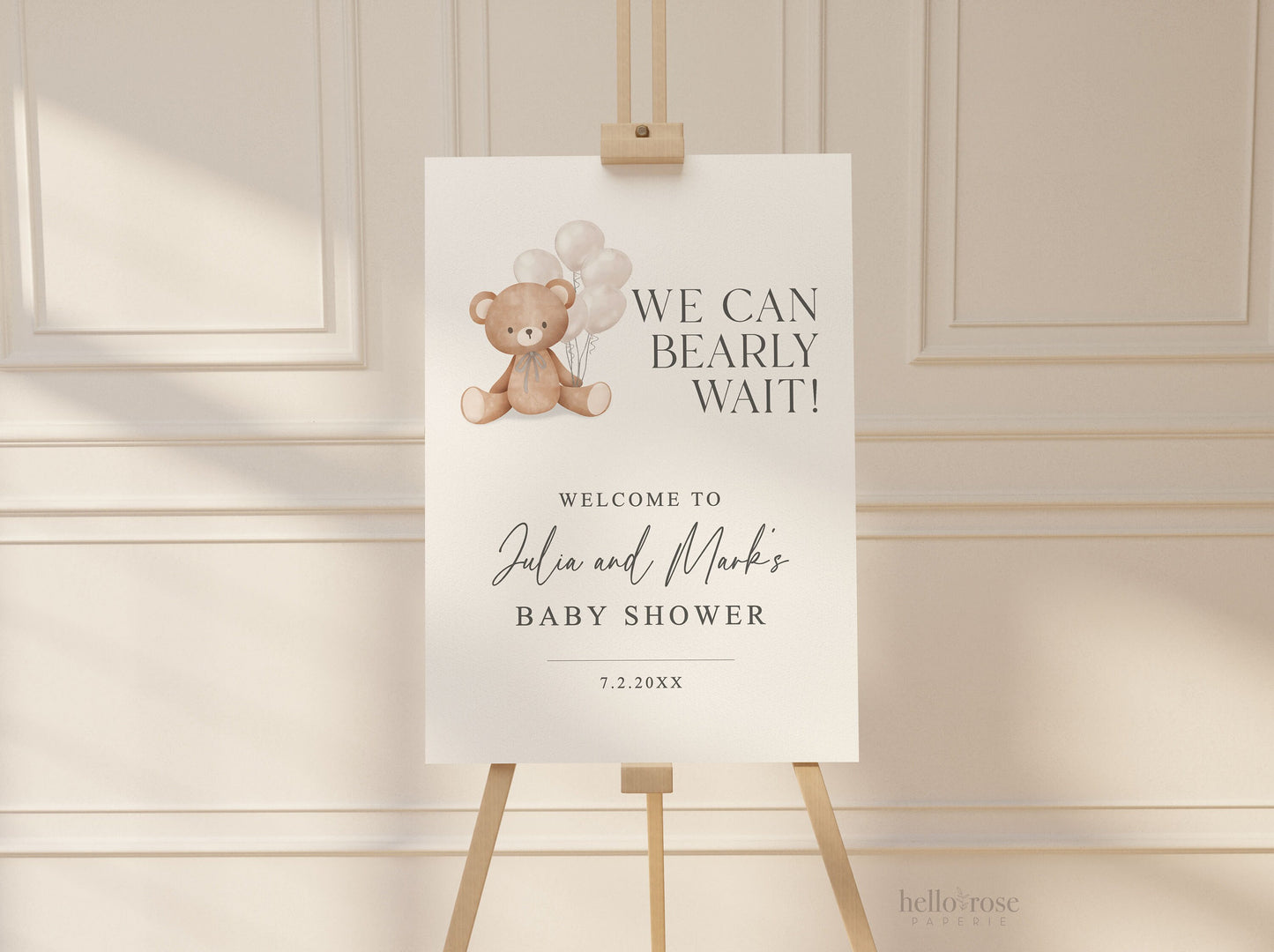 Can Bearly Wait Welcome Baby Shower Sign Bear with Beige Balloons, Girl Boy, Couples Shower, Can Bearly Wait, Editable Download TEMPLETT