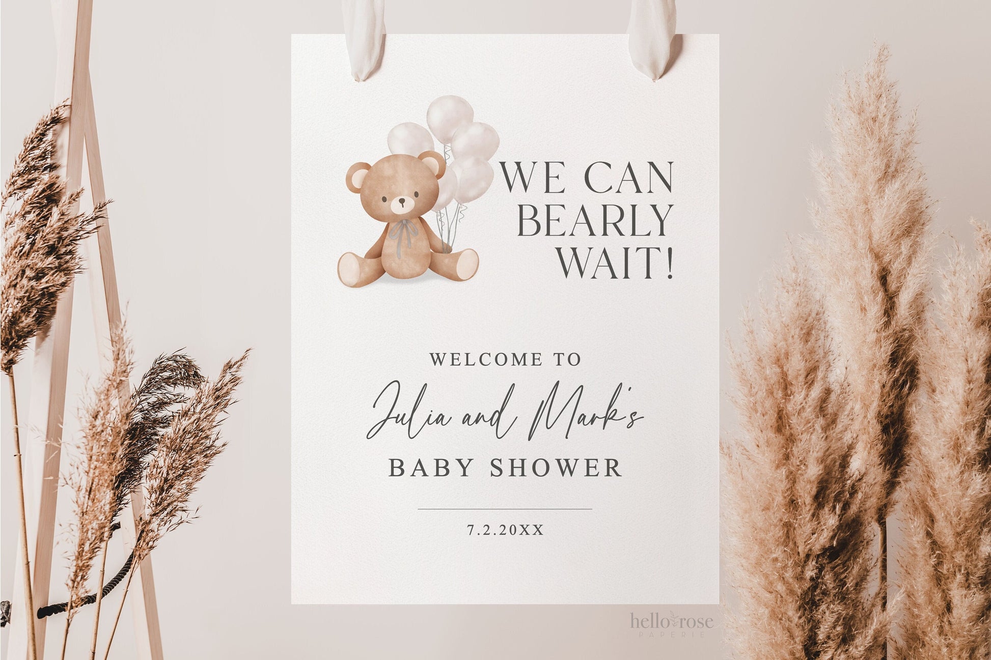Can Bearly Wait Welcome Baby Shower Sign Bear with Beige Balloons, Girl Boy, Couples Shower, Can Bearly Wait, Editable Download TEMPLETT