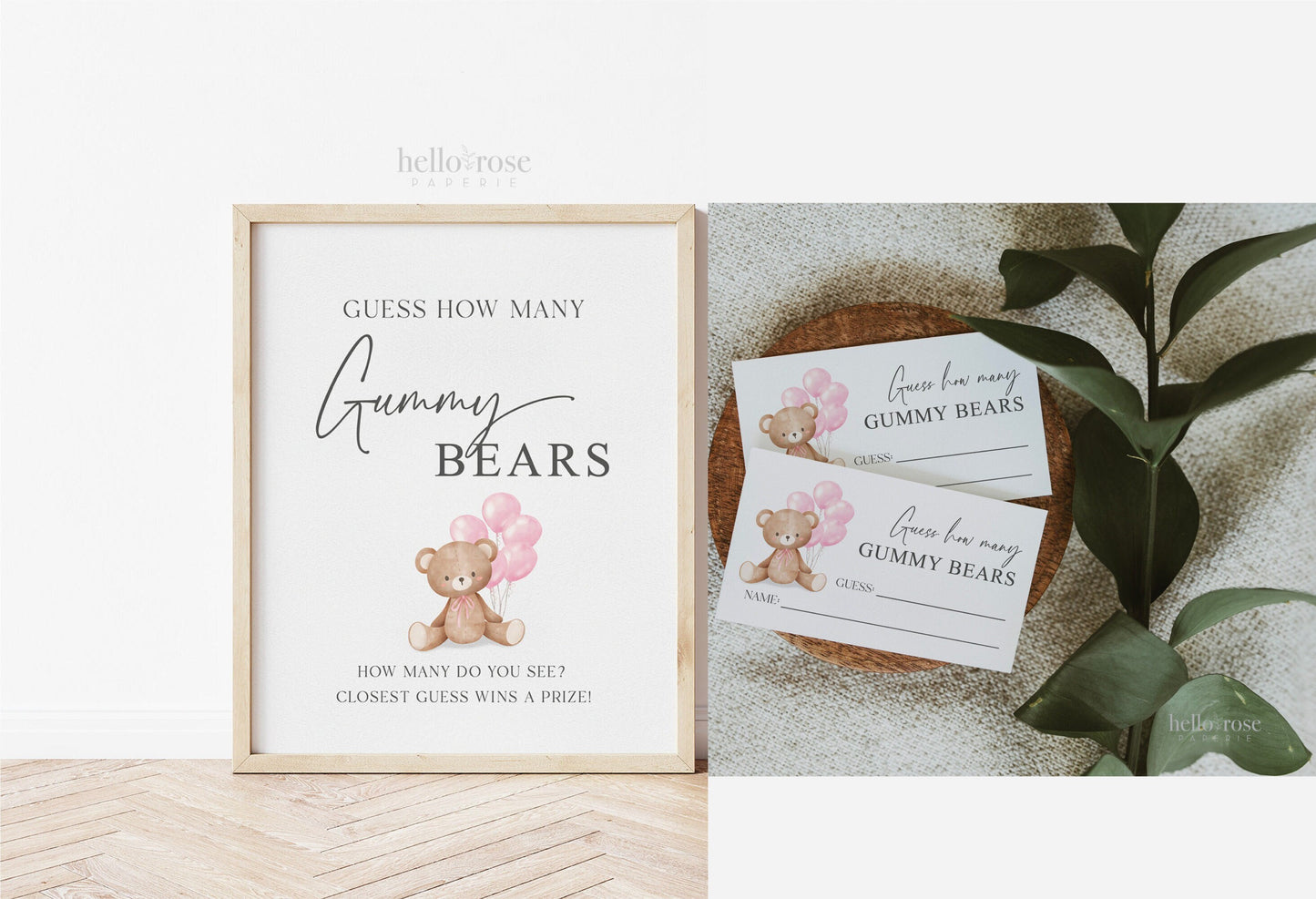 Guess How Many Gummy Bears Baby Shower Game, Teddy Bear Girl with Pink Balloons, Couples Shower, Baby Sprinkle, Template Download Templett