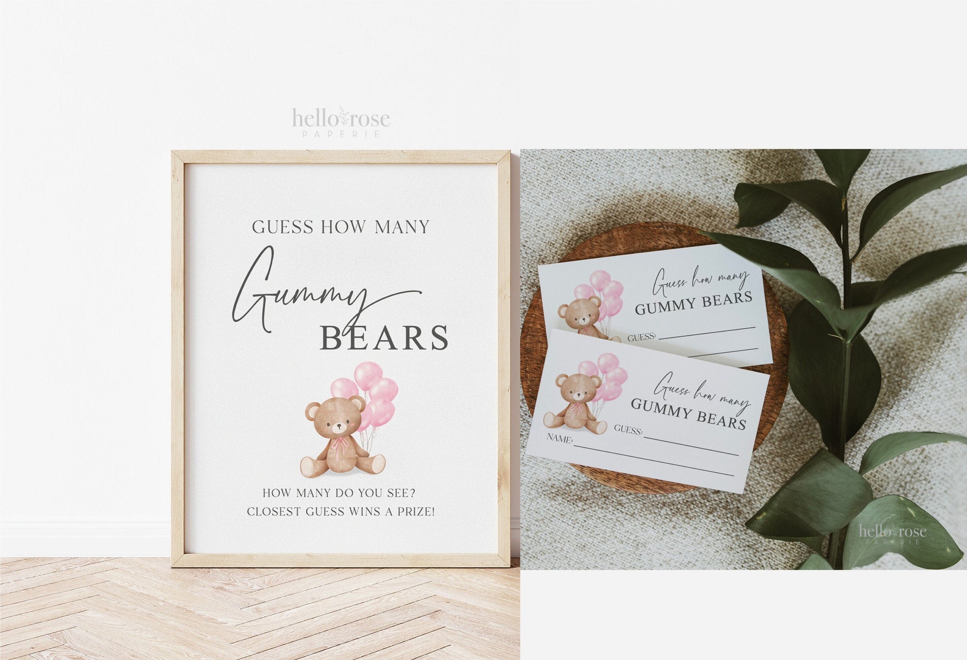 Guess How Many Gummy Bears Baby Shower Game, Teddy Bear Girl with Pink Balloons, Couples Shower, Baby Sprinkle, Template Download Templett