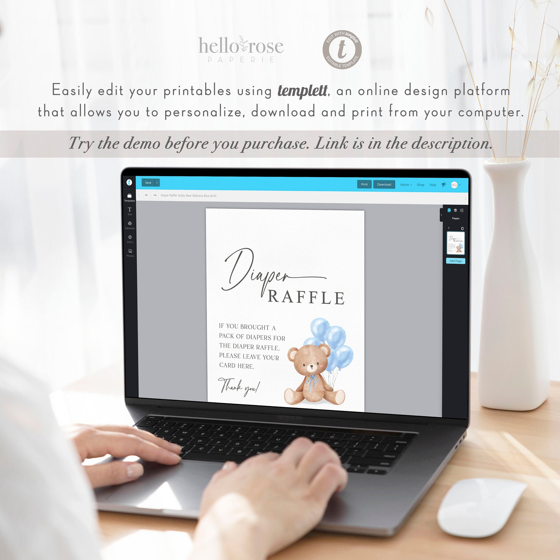 Diaper Raffle Baby Shower Game Sign + Cards, Teddy Bear Boy with Blue Balloons, Couples Shower, Baby Sprinkle, Template Download Templett