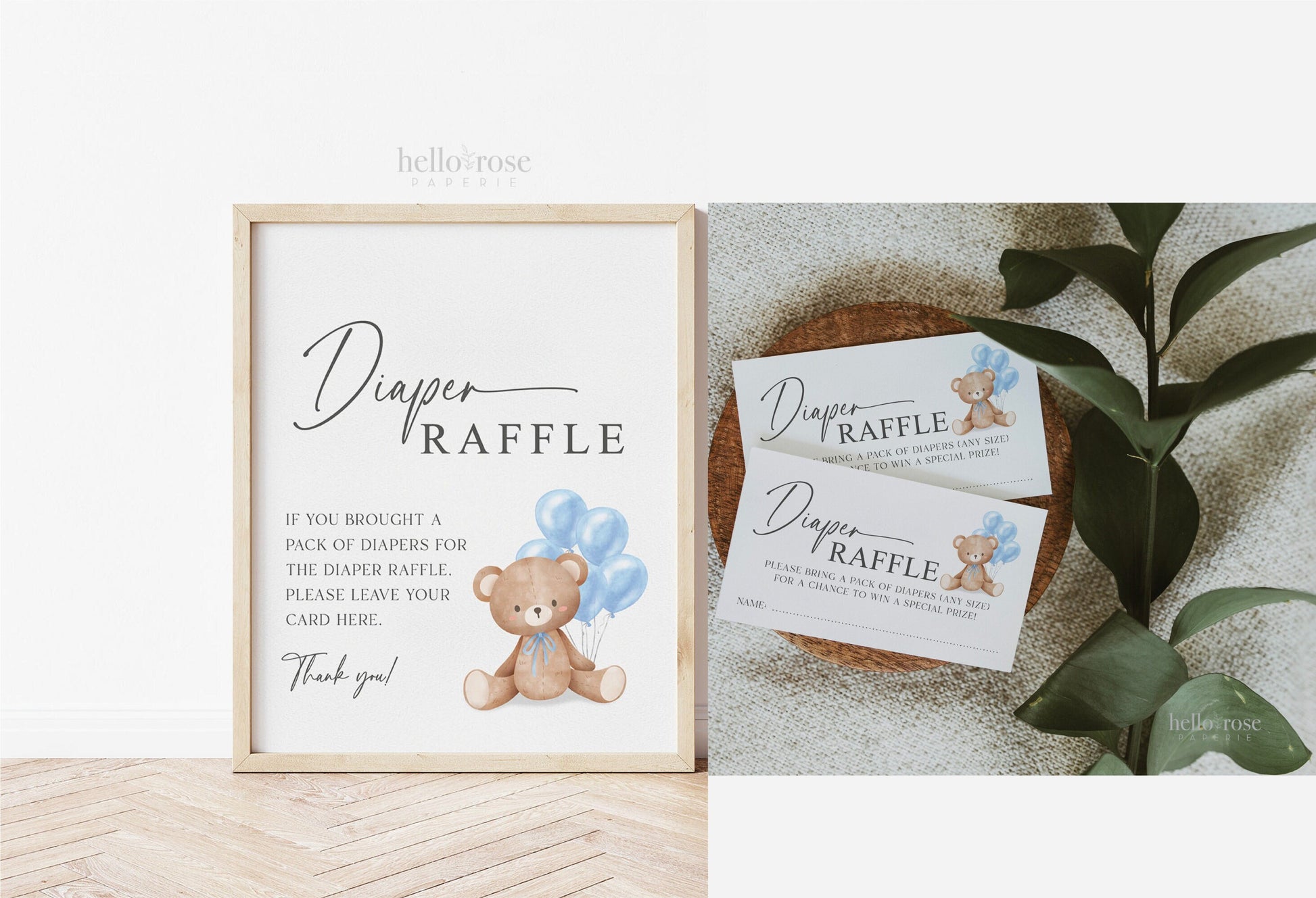 Diaper Raffle Baby Shower Game Sign + Cards, Teddy Bear Boy with Blue Balloons, Couples Shower, Baby Sprinkle, Template Download Templett