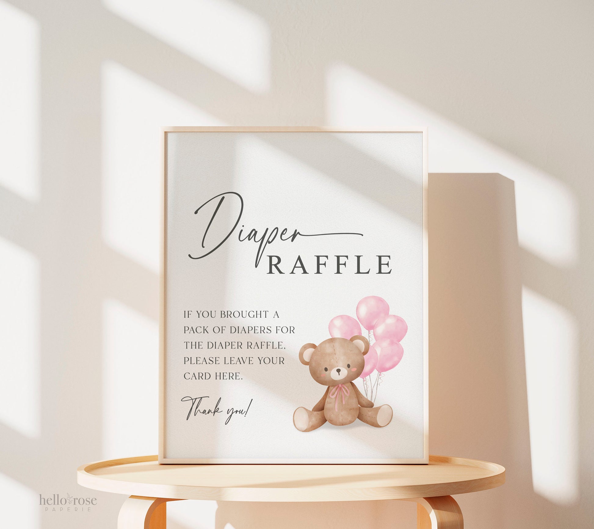 Diaper Raffle Baby Shower Game Sign + Cards, Teddy Bear Girl with Pink Balloons, Couples Shower, Baby Sprinkle, Template Download Templett