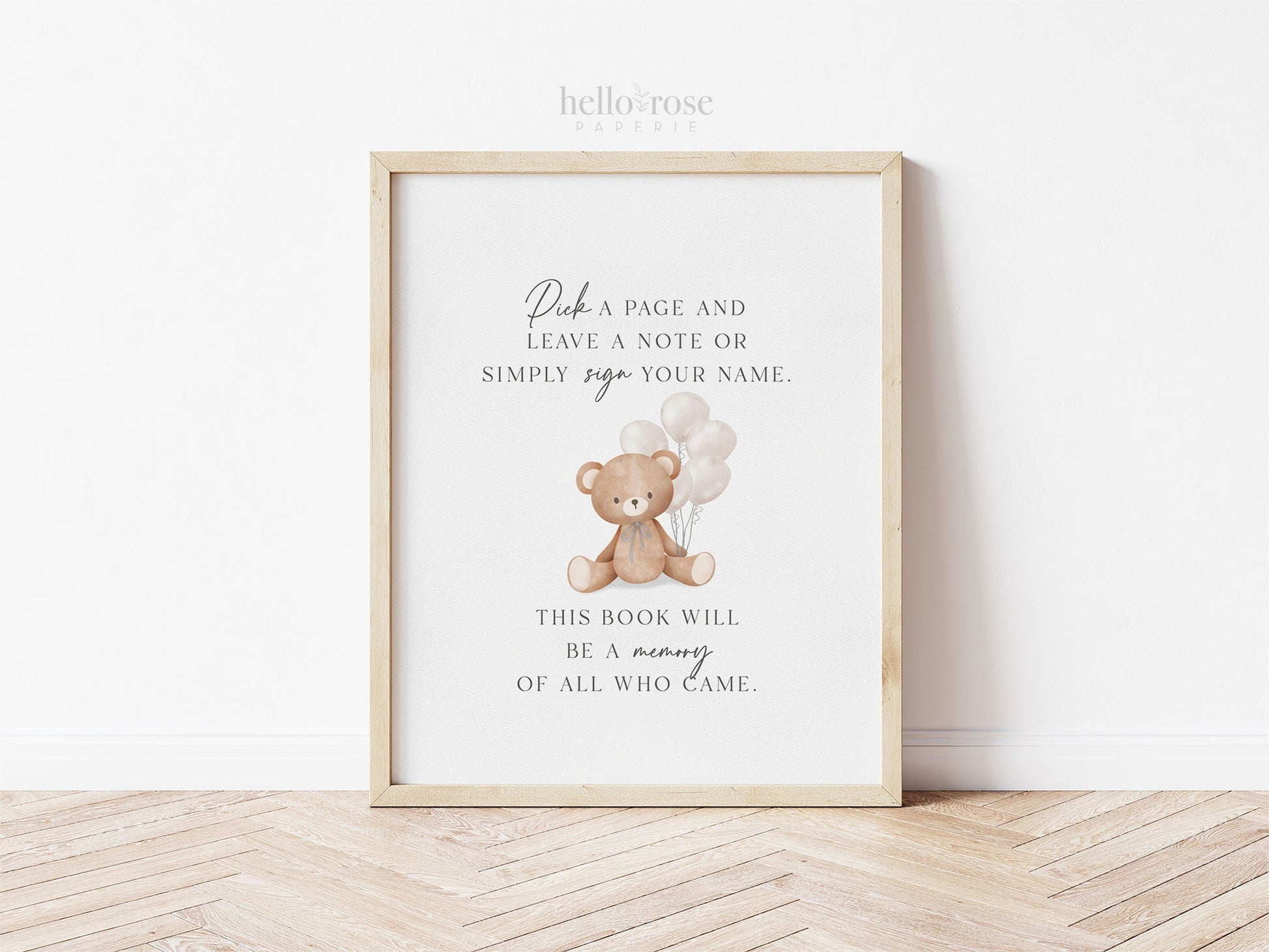 Pick a Page and Leave a Note Memory Baby Shower Guestbook Sign, Bear with Beige Balloons, Boy Girl Baby Sprinkle, Template Download TEMPLETT