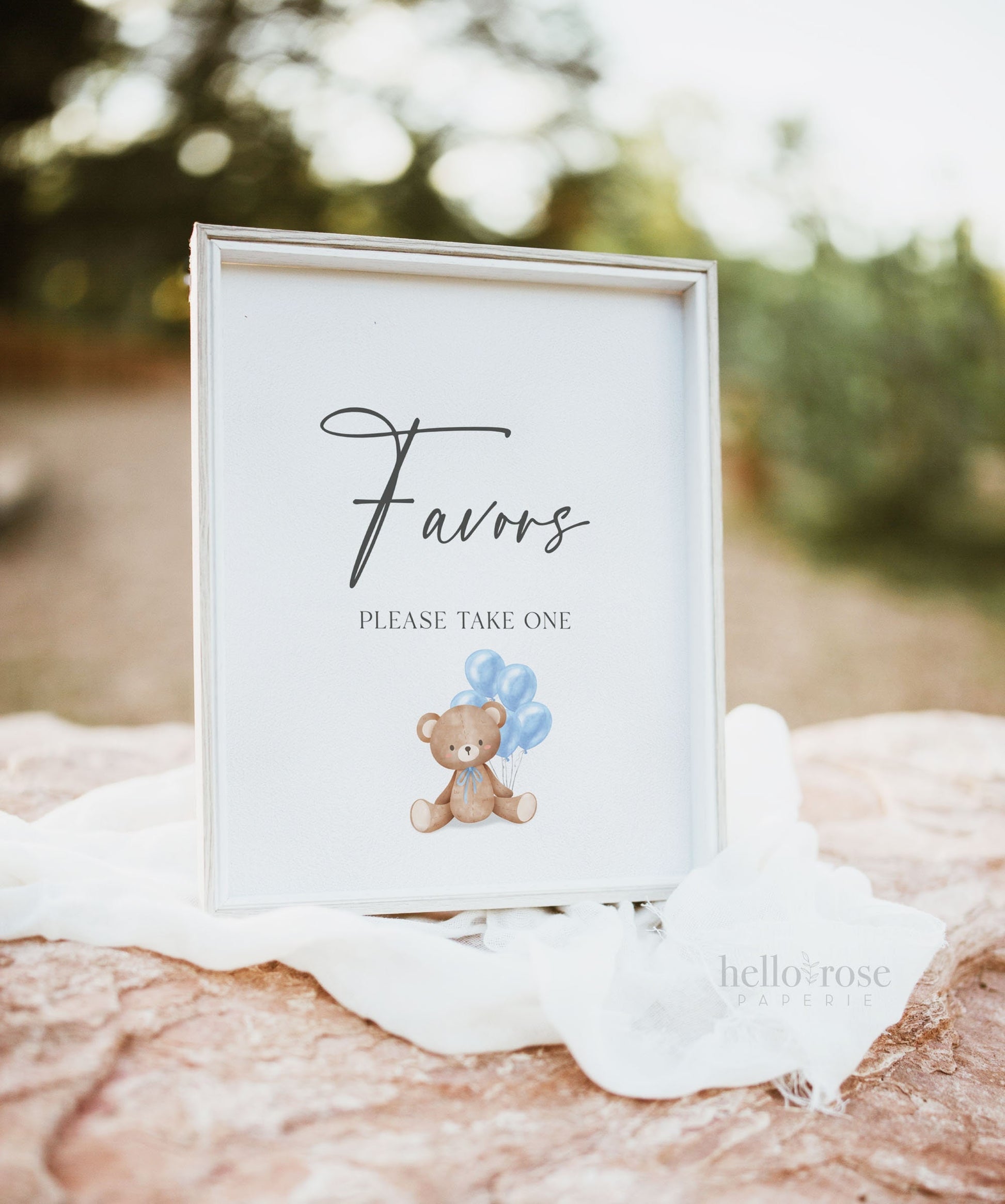 Favors Printable Baby Shower Sign, Teddy Bear with Blue Balloons, Boy Baby Shower, We Can Bearly Wait, Template Download Templett