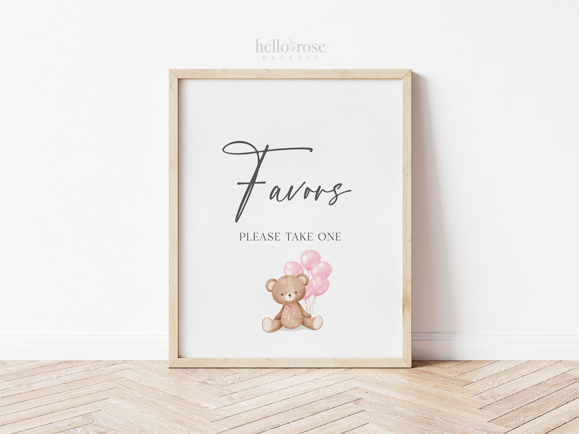Favors Printable Baby Shower Sign, Teddy Bear with Pink Balloons, Girl Baby Shower, We Can Bearly Wait, Template Download Templett