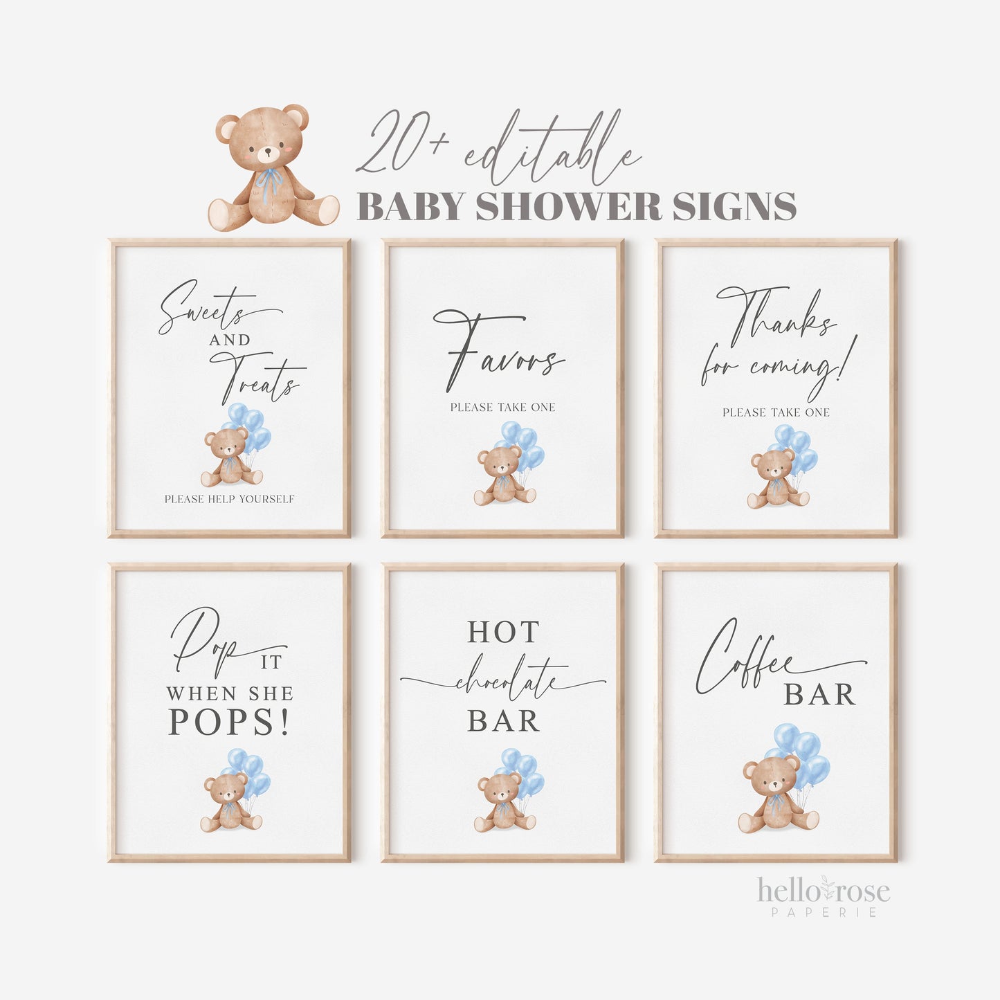 Bear Bundle of 20+ Baby Shower Signs . Teddy with Blue Balloons, Boy Baby Shower, We Can Bearly Wait, Editable Template Download Templett