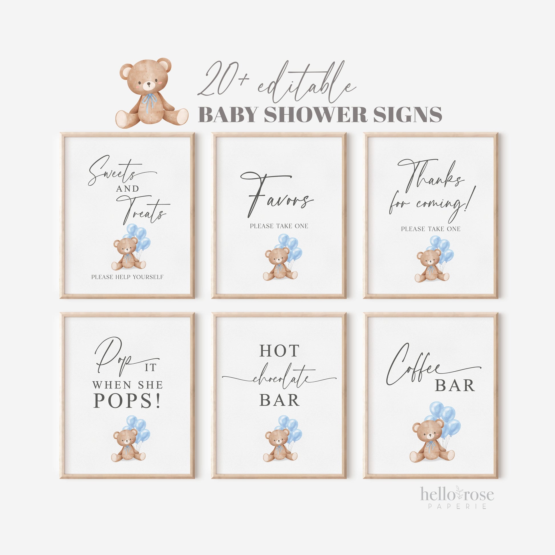 Bear Bundle of 20+ Baby Shower Signs . Teddy with Blue Balloons, Boy Baby Shower, We Can Bearly Wait, Editable Template Download Templett