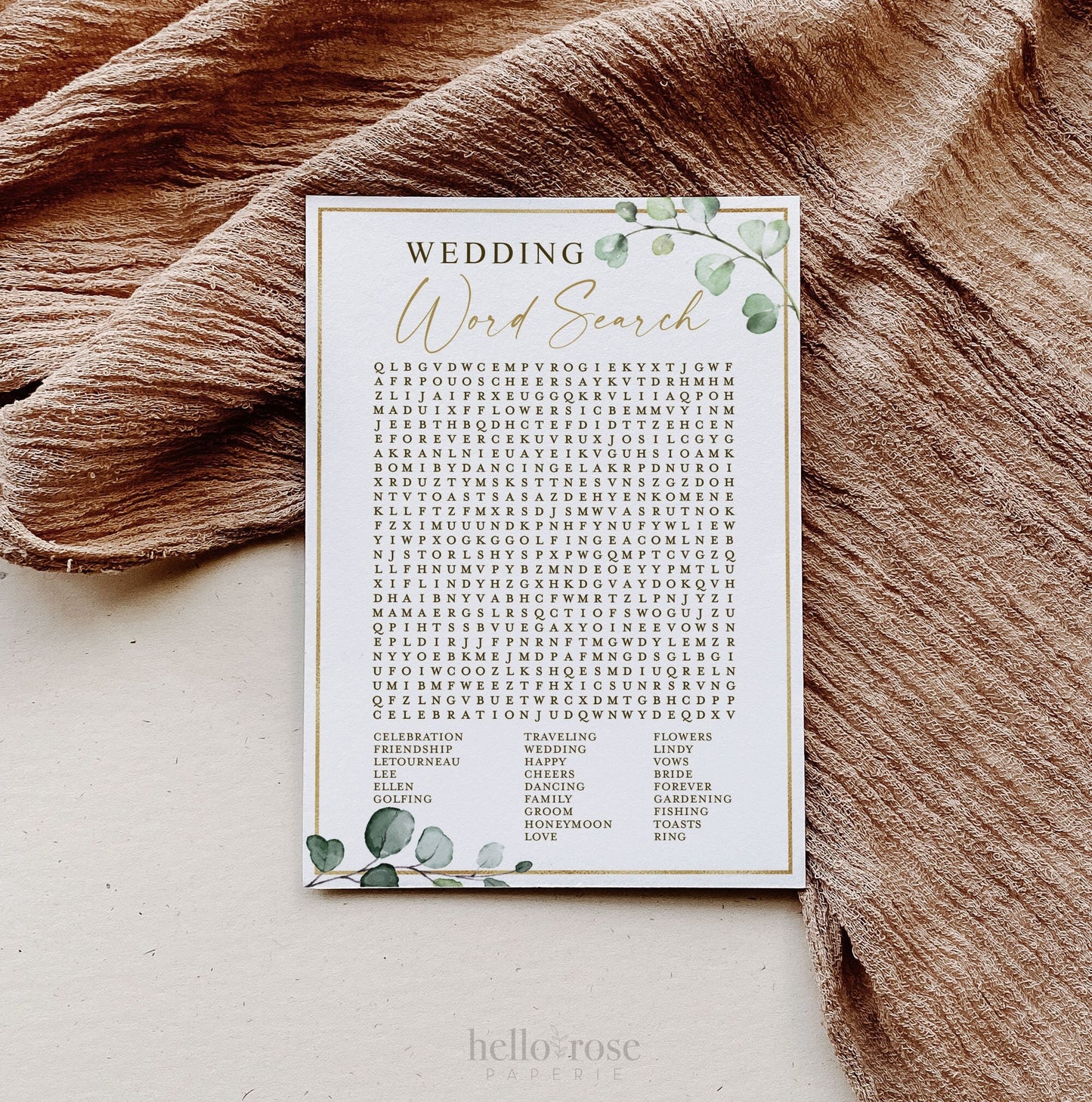 Personalized Wedding Word Search Printable Bridal Shower Custom Printable Game . Greenery Gold . Bachelorette Party . Instant Download G2